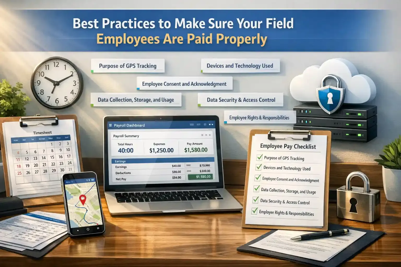 Payroll dashboard, GPS tracking, and compliance checklist on desk